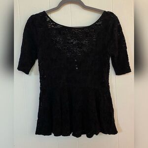 Free People Sweater Womens Medium Black Lace Scoop Neck Peplum Top Stretchy